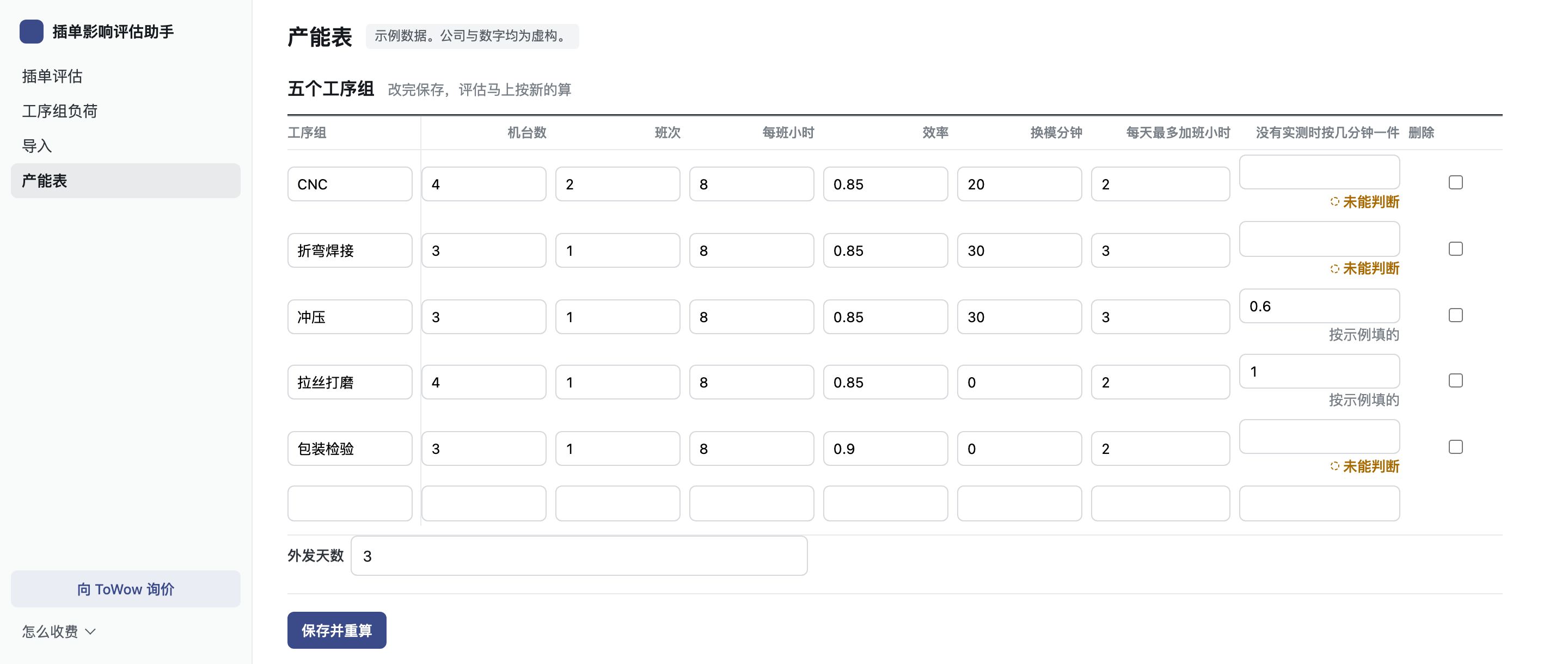 产能表页:每个工序组一行,列有机台数、班次、每班小时、效率和每天最多加班小时