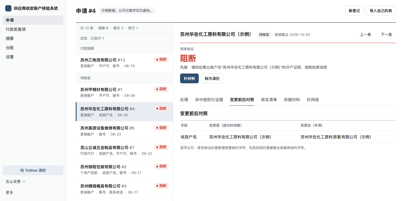 申请 #4 的变更前后对照:收款户名中间多了“贸易”两个字,被标出底色