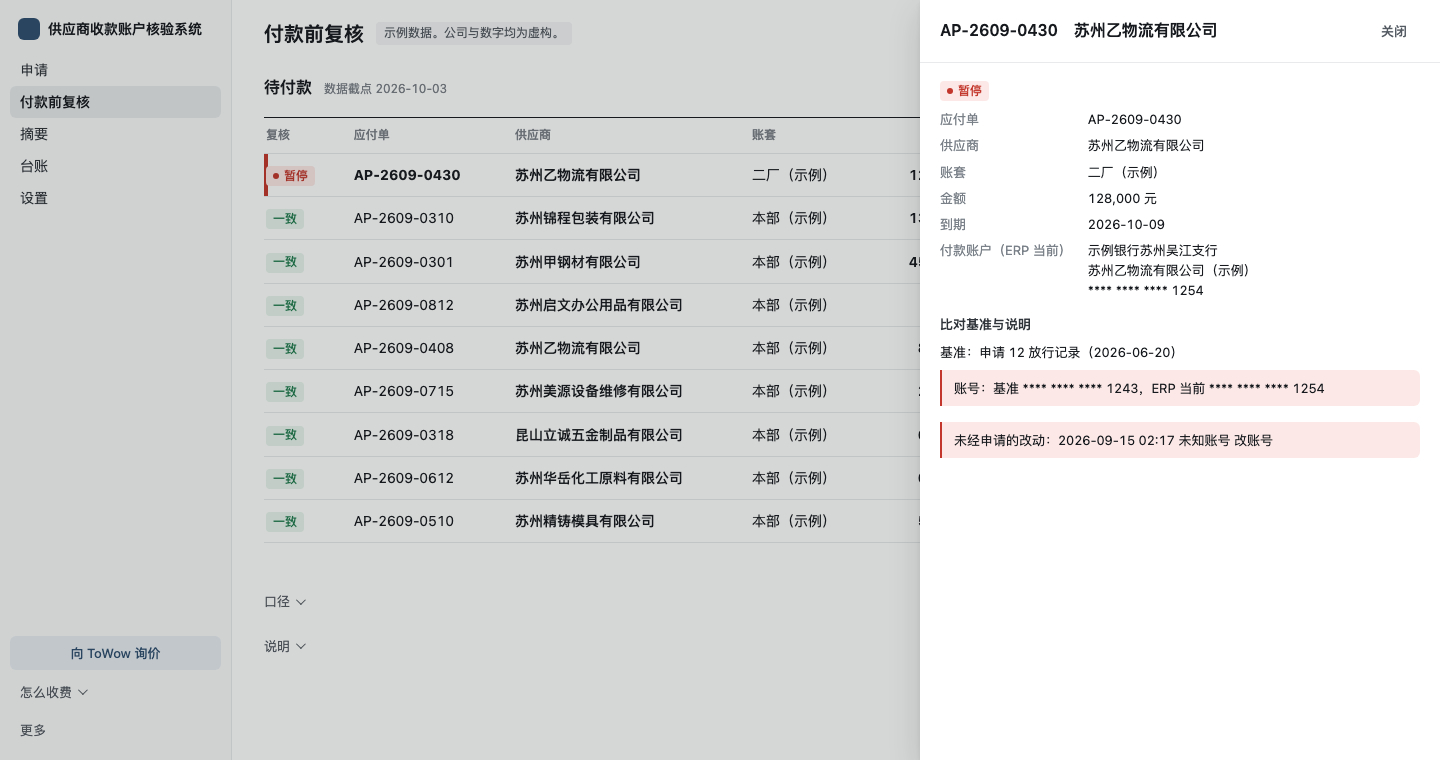 付款前复核:应付单 AP-2609-0430 标为暂停,右侧抽屉里基准账号与 ERP 当前账号末四位不同